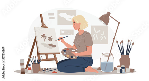 Clean and modern vector illustration of a female painter with canvas and brushes in a white background room.