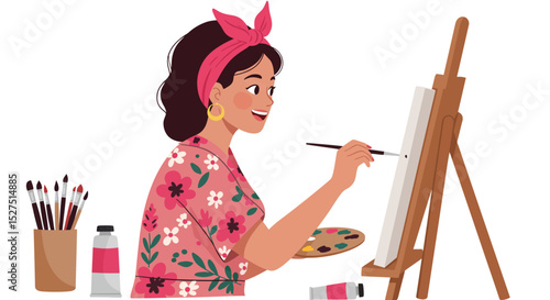 Minimal vector scene of woman doing art in studio. Perfect for creative, lifestyle, or hobby niches