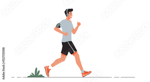 Flat vector illustration of a young man jogging with headphones, wearing sportwear