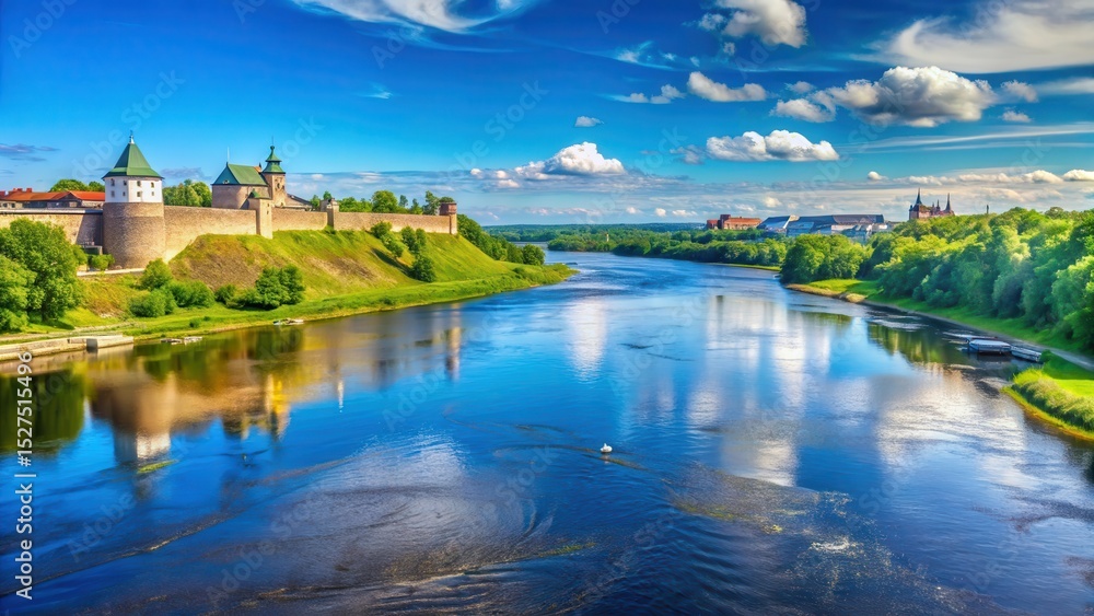 Fototapeta premium View from Narva in Estonia over the border river Narva and the Russian border to Ivangorod Russia in summer under a blue sky, Natural Beauty, Estonia