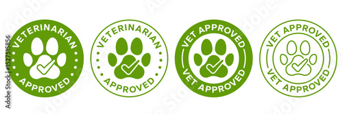 Vet approved icon set. Veterinary diet, Veterinarian  approved label, logo, badge, round, circle, green, symbol, line, flat vector, isolated on white background. Footprint animal. Pet friendly icons.