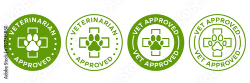 Vet approved icon set. Veterinary diet, Veterinarian  approved label, logo, badge, round, circle, green, symbol, line, flat vector, isolated on white background. Footprint animal. Pet friendly icons.