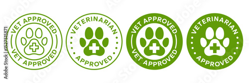 Vet approved icon set. Veterinary diet, Veterinarian  approved label, logo, badge, round, circle, green, symbol, line, flat vector, isolated on white background. Footprint animal. Pet friendly icons.