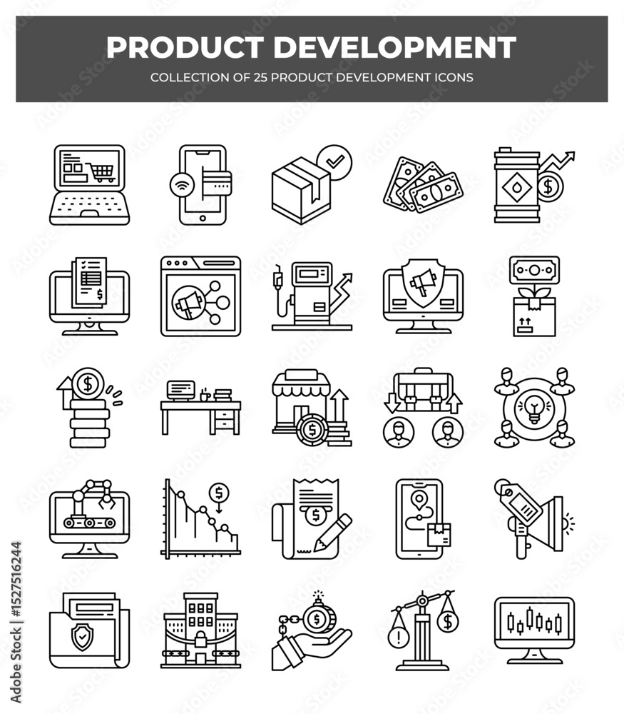 Fototapeta premium Product Development Icons: 25 Essential Line Icons for Business
