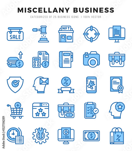Miscellany Business Icons Pack. Two Color icons set. Two Color icon collection set.