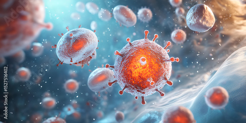 3D Representation of Virus Cells in Motion, Futuristic Virus Cells Moving in Digital Space, Digital Visualization of Virus Attack with Floating Cells
