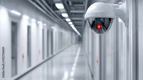 Futuristic security camera with infrared sensors and LED lights scanning a high-tech data center hallway
