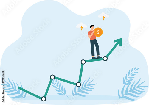 Risk and uncertainty and investment volatility or stock market and crypto currency fluctuation up and down, all weather strategy concept, businessman acrobat planning to walk on risky investment graph