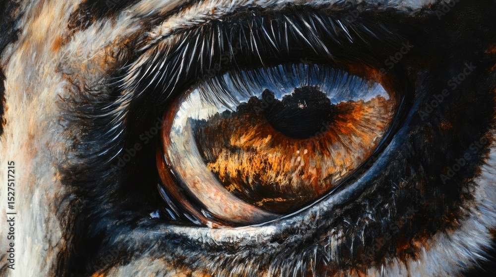 Obraz premium Close-up of a detailed animal eye, showcasing intricate textures and reflections. The eye's iris displays a rich blend of warm, amber hues and dark browns, with subtle variations.