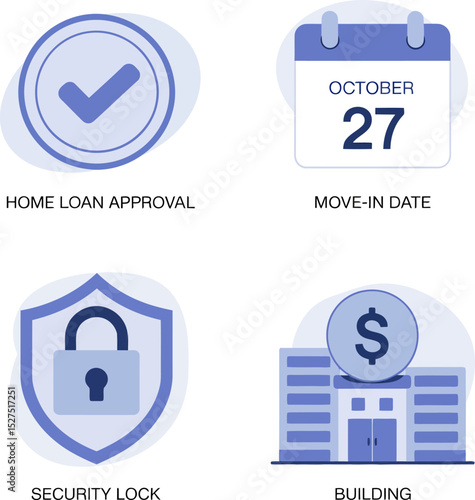 Home purchase icons. Loan approval badge, move-in date, security lock and building value for buyers  