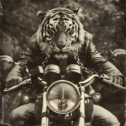 Striking black and white image of a fierce tiger with intense eyes wea a leather jacket while riding a motorcycle through a forested area in striking monochrome style