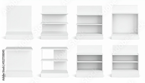 Wallpaper Mural Set of white cardboard product display stands and holders. Blank promotional shelf ready for packages, countertop for retail exhibitors mockup isolated on white. 3d empty point of sale POS POPs. Torontodigital.ca