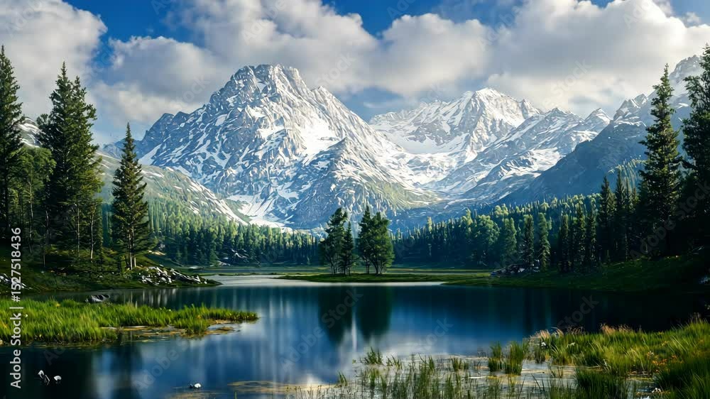 Serene alpine lake reflecting snow-capped peaks under a bright sky Serene alpine lake reflecting snow-capped peaks under a bright sky