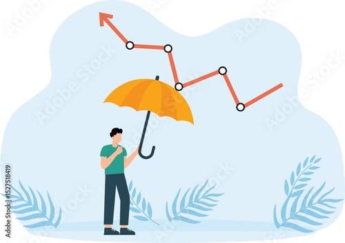 Economic recovery and business protection or stock market bounce back from recession concept, businessman holding strong umbrella to recover red arrow economic graph
