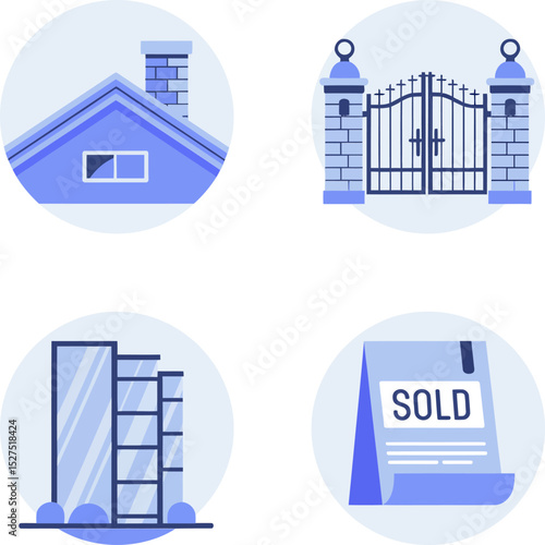 Property status icons. Modern home, apartment blocks, sold badge, and gated estate entrance illustration  