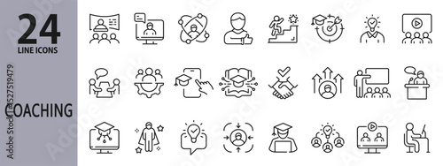Coaching line icons set with Training, Education, E-Learning, Mentorship, Skills, Speaker and more. Editable Stroke
