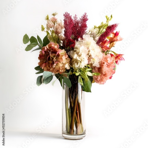 A tall glass vase holding a large floral arrangement, placed on a white background with space.