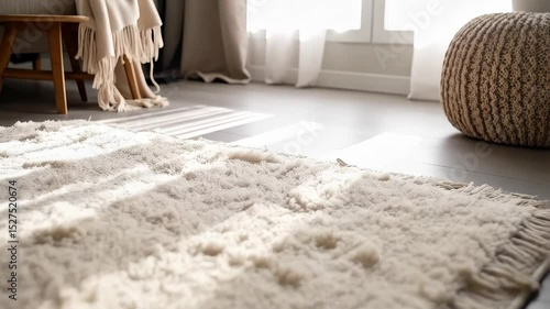 Textured ivory rug on light floor with sunlight streaming through window, wooden stool, woven pouf, minimalist interior design