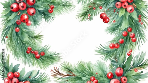 Wallpaper Mural Watercolor Christmas background with pine branches and red berries Torontodigital.ca