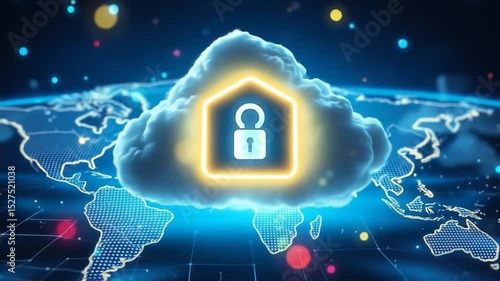 Wallpaper Mural Cloud Computing for Data Storage and Transfer for Security, Cloud Icon with Data Icon on World Map Background, Futuristic Technology Global Network Data Connection. 4k video Torontodigital.ca