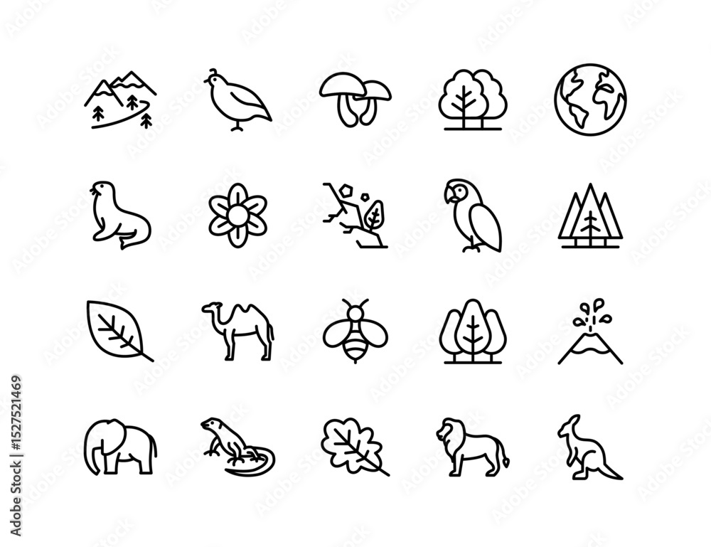 Fototapeta premium Nature Vector Icon Set | Adjustable Line Weight | Wildlife, animals, plants, mountains, trees, earth, birds, mushrooms, flowers, environment, leaf, bee, jungle, safari icons
