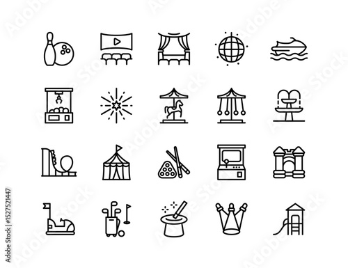 Entertainment Vector Icon Set | Adjustable Line Weight | Bowling, theater, cinema, carousel, arcade, circus, amusement park, playground, magic, pool, rides, leisure, fun icons