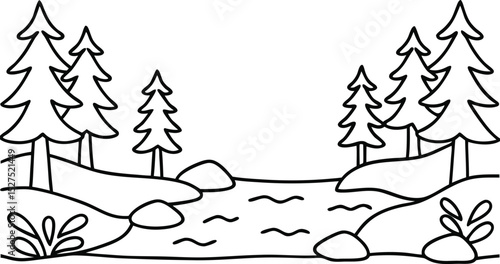 Black and white illustration of a peaceful forest landscape with a flowing river and trees.