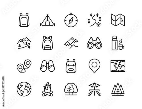 Hiking and Trail Vector Icon Set | Adjustable Line Weight | Backpack, compass, tent, forest, path, map, mountain, location, navigation, outdoor, campfire, travel icons