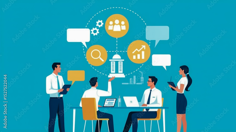 A flat design illustration of a business meeting in a minimalist style A flat design illustration of a business meeting in a minimalist style