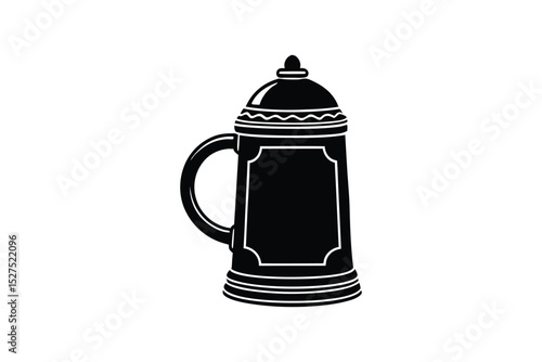 Silhouette art illustration of a traditional beer stein with ornate handle and lid.eps