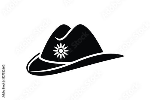 Silhouette art illustration of an alpine festival hat with edelweiss flower pin.eps