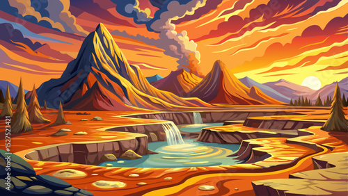 Vector illustration of a geothermal hot spring nestled in a scenic mountain valley perfect for wellness themes, eco-tourism, and natural energy visuals
