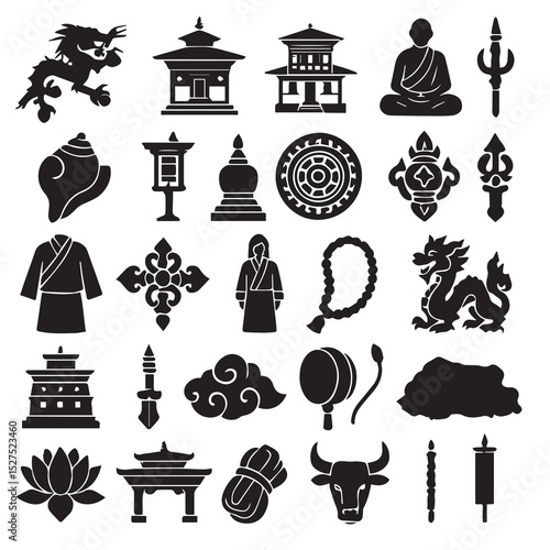 Collection of tibetan and buddhist symbols silhouettes depicting various cultural elements