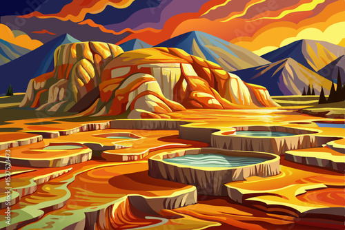 Vector illustration of a geothermal hot spring nestled in a scenic mountain valley perfect for wellness themes, eco-tourism, and natural energy visuals