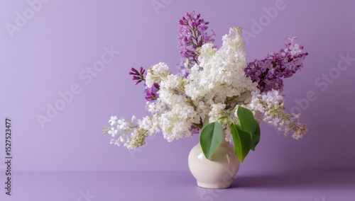 A delicate bouquet of white and purple lilacs in a small vase, set against a lavender backdrop for charm.