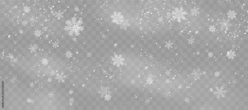 Fototapeta premium Snowstorm particles swirl over deep blue horizon. Frozen snowflakes sparkle in cold seasonal wind. Heavy snow falls with natural randomness. Transparent flake overlays suit winter-themed designs.