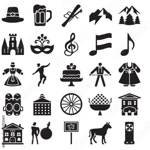 Collection of isolated black icon illustrations representing travel destinations and culture