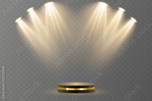 Vector spotlight arcs over center of stage. Spotlight glow highlights dramatic focal point. Multiple beams cross in synchronized balance. Reflected light enhances product pedestal look.