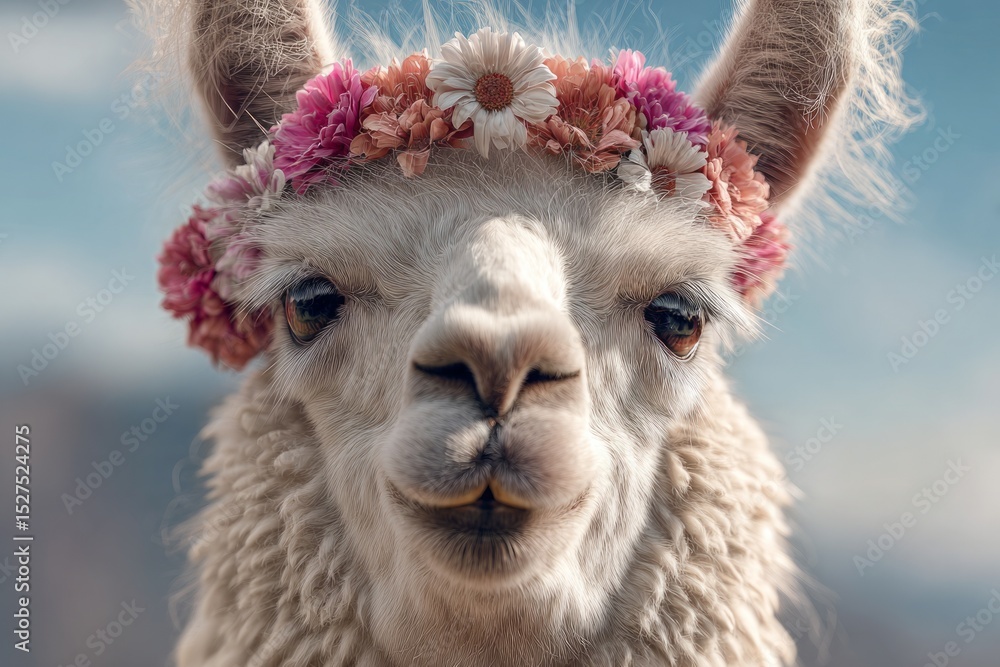 Obraz premium A close-up portrait of a smiling llama with sparkling eyes, fluffy ears, and a flower crown