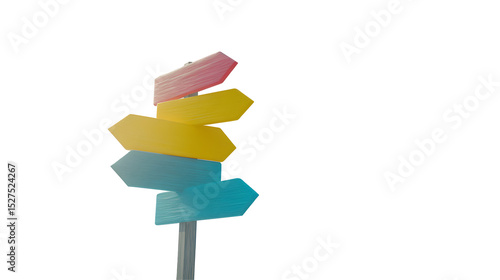 Colorful direction signpost indicating various paths and choices on black background