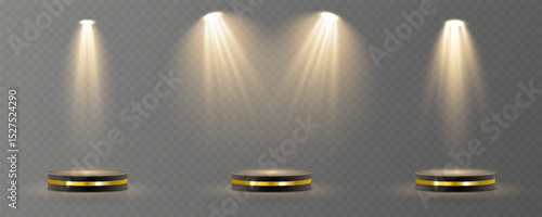 Light beam shines directly with elegant symmetry. Projector glow suits concert and spotlight vector. Transparent reflection adds realism to scene. Studio lighting helps isolate presentation element.