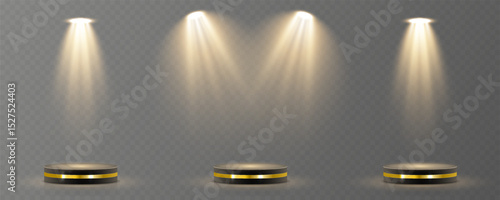 Vector spotlight arcs over center of stage. Spotlight glow highlights dramatic focal point. Multiple beams cross in synchronized balance. Reflected light enhances product pedestal look.
