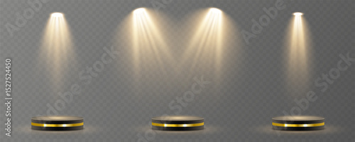 Light beam shines directly with elegant symmetry. Projector glow suits concert and spotlight vector. Transparent reflection adds realism to scene. Studio lighting helps isolate presentation element.