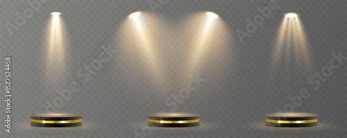 Light beam shines directly with elegant symmetry. Projector glow suits concert and spotlight vector. Transparent reflection adds realism to scene. Studio lighting helps isolate presentation element.