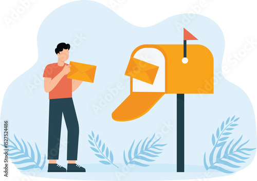 Email Marketing Scenes and Businessman Using Online Postbox and Sending Advertising Emails. Businessman Holding Envelopes and Reading Letters. 
