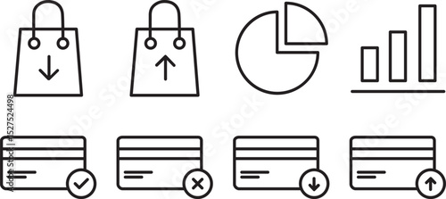 E-commerce Line Icons Shopping Bags, Credit Cards, Pie Charts, and Bar Graphs – EPS Vector Set