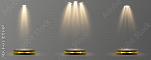 Bright light source cuts through dim background. Row of spotlights builds stage intensity quickly. Theatrical lighting forms cinematic composition. Soft shadows enhance abstract visual depth.