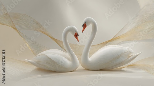 A modern, elegant digital artwork of two white swans sitting on the ground with their red beaks gently touching, forming a heart shape. 