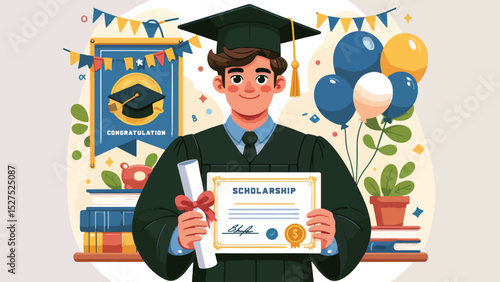 Graduate with Scholarship Award, A graduate holding a scholarship certificate or award plaque with pride, wearing a graduation cap and gown 