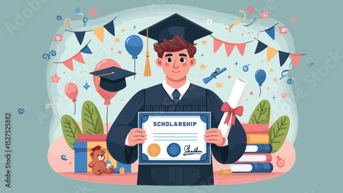 Graduate with Scholarship Award, A graduate holding a scholarship certificate or award plaque with pride, wearing a graduation cap and gown 